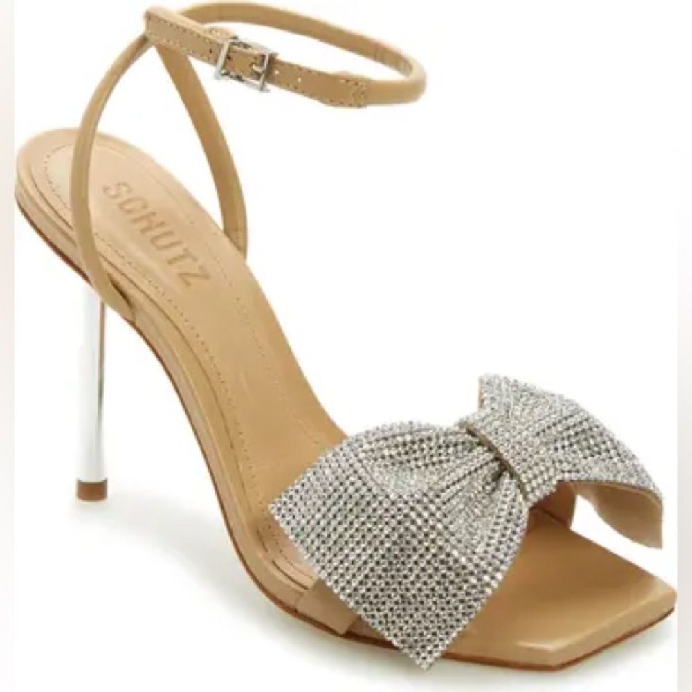 Schutz Mila Glam Heels 9.5 Rhinestone Bow 4” Heel Ankle Strap Square Toe